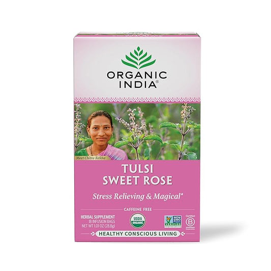 ORGANIC INDIA Tulsi Sweet Rose Herbal Tea - Holy Basil Leaf, African Basil, Chamomilie, Lemon Myrtle, Stress Relieving, Immune Support, USDA Certified Organic, Caffeine-Free - 18 Infusion Bags, 1 Pack