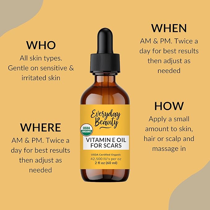 Organic Vitamin E Oil for Scars - All Natural & Vegan Skin Moisturizer 2.02oz - Light & Unscented Great for Scars After Surgery - Reduce Wrinkles, Anti Aging, Lighten Dark Spots -Face, Skin & All Over
