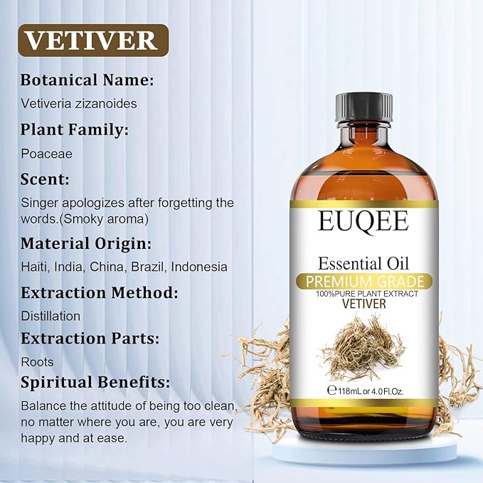 Vetiver Essential Oil 4oz/118ML Large Bottle Vetiver Oil Premium Essential Oil for Candle Making, Humidifier, Diffusers - with Glass Dropper