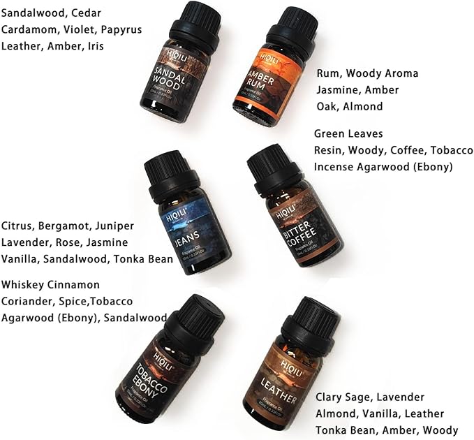 HIQILI Fragrance Essential Oil for Men 6x10ml Candle Scents for Candle Making Scented Oils Set for Aromatherapy Diffuser DIY Christmas