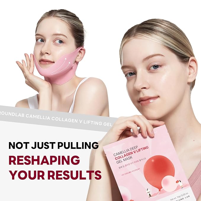 ROUND LAB Camellia Deep Collagen V Lifting Gel Mask 10g/0.35oz *14EA | face toning belt, collagen v-line mask, improves sagging skin, lifting & firming, double-chin mask, instant cooling & depuffing