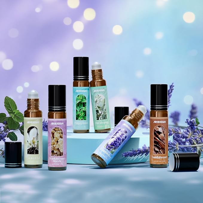 Essential Oils Roll On Gift Set, Natural Aromatherapy Oil Roller for Body, Skin, Massage - Lavender, Peppermint, Frankincense & Myrrh, Eucalyptus, Vanilla, Sandalwood, Gift for Women