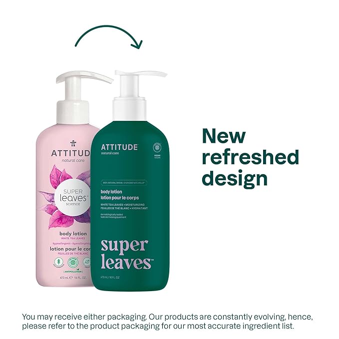 ATTITUDE Body Lotion, EWG Verified Moisturizer, Vegan Skin Care Products, Non-Greasy, Hydrating for Dry Skin, Cruelty Free, Moisturizing, White Tea Leaves, 16 Fl Oz