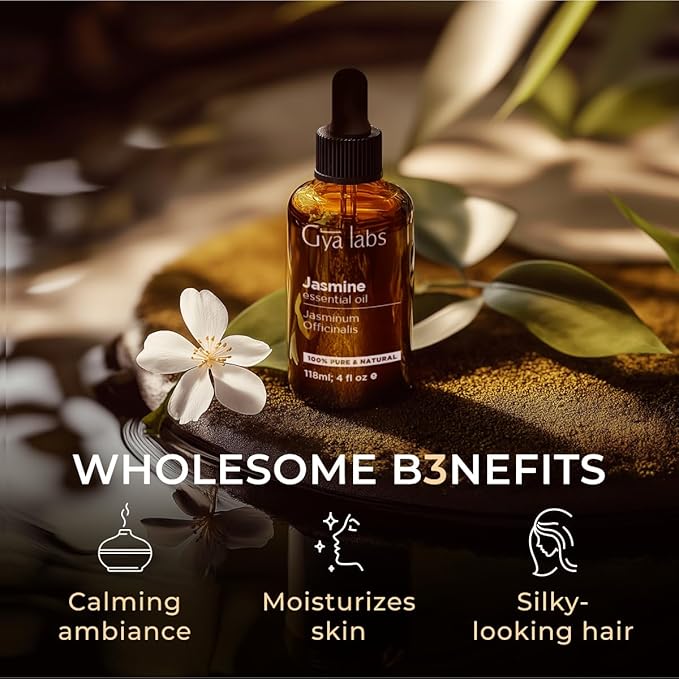 Gya Labs Jasmine Essential Oil for Diffuser - Huge 4 Fl Oz - 100% Pure Natural Jasmine Oil for Diffuser, Skin, Hair, Massages, Floral & Alluring Scent for Aromatherapy & Candle Making