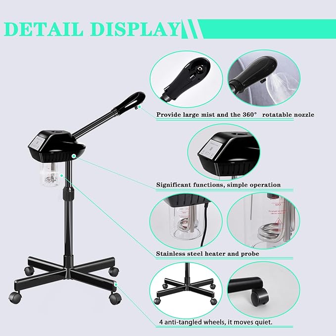 Professional Facial Steamer, Face Steamer on Wheels, Ozone Face Steamer, Facial Steamer for Spa, Salon and at Home Use