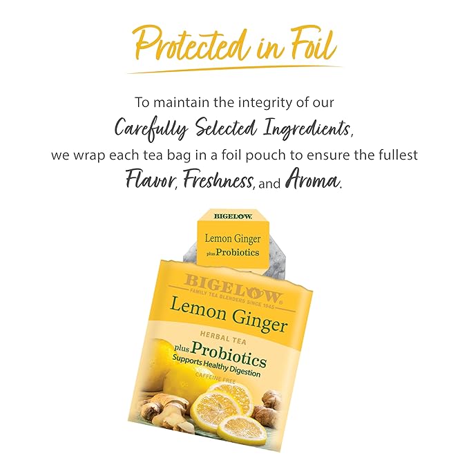 Bigelow Tea Lemon Ginger plus Probiotics Herbal Tea, Caffeine Free Tea with Lemon and Ginger, 18 Count Box (Pack of 6), 108 Total Tea Bags