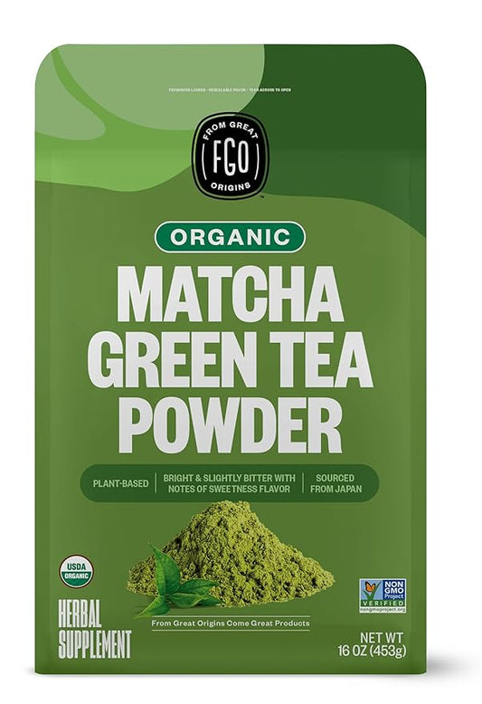 FGO Organic Matcha Green Tea Powder, Japanese Culinary Grade for Cooking, Baking, or Smoothies, 16oz Bulk Resealable Bag, Packaging May Vary (Pack of 1)