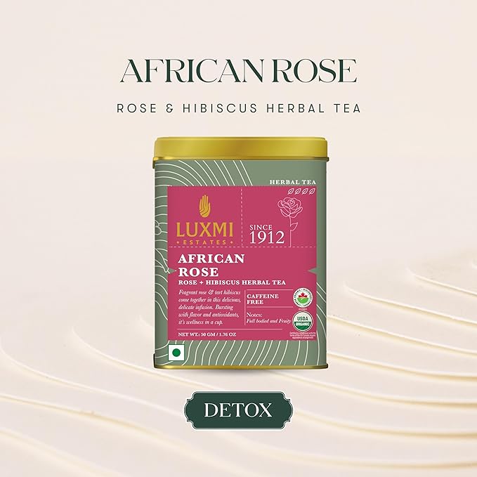 Luxmi Estates - African Rose - Organic Hibiscus Rose Tea - Loose Leaf - 50g (25 Cups) | With Soothing Rose and Hibiscus | Great for Skin DeTox - Supports a Healthy Glow