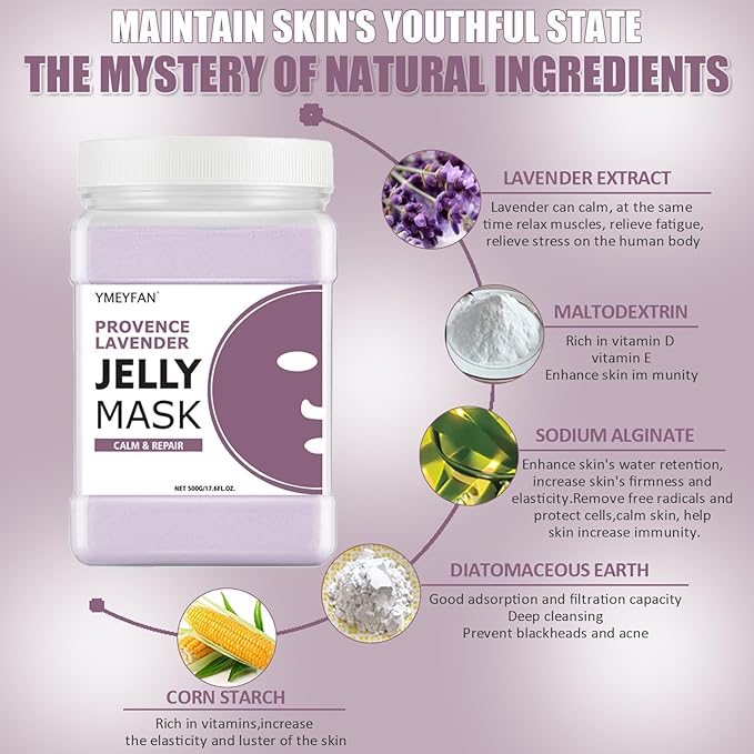Jelly Mask for Facials Professional - Lavender Jelly Mask Powder, Gentle Soothes Face Skin Care for Facial Peel Off Vajacial Mask, Esthetician Supplies, Natural Ingredients Unscent