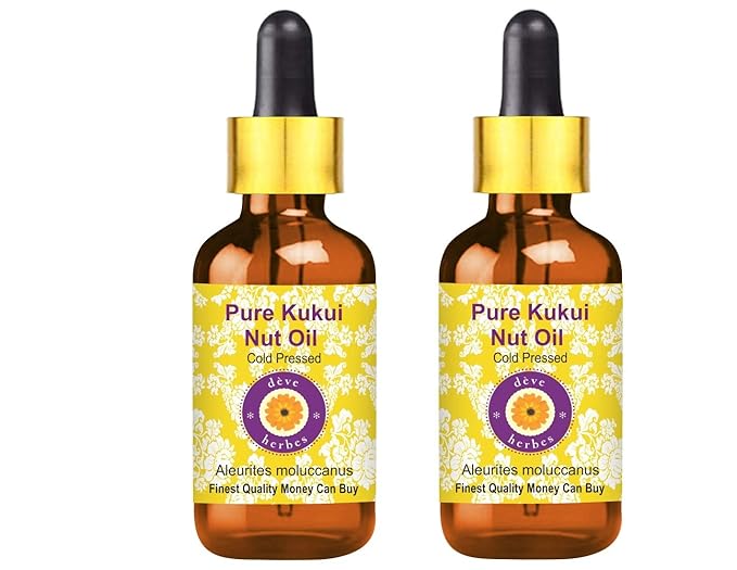 Deve Herbes Pure Kukui Nut Oil (Aleurites moluccanus) with Glass Dropper Cold Pressed (Pack of Two) 100ml X 2 (6.76 oz)