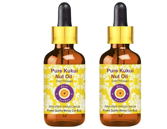 Deve Herbes Pure Kukui Nut Oil (Aleurites moluccanus) with Glass Dropper Cold Pressed (Pack of Two) 100ml X 2 (6.76 oz)