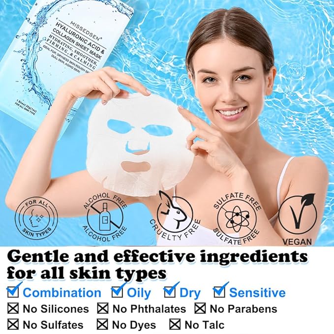 Collagen Face Mask Skincare For Women Hyaluronic Acid Moisturizing Firming Calming Hydrating Pore Treatment of Different Ages and Skin Types Urban Beauty Secret 12 PCS