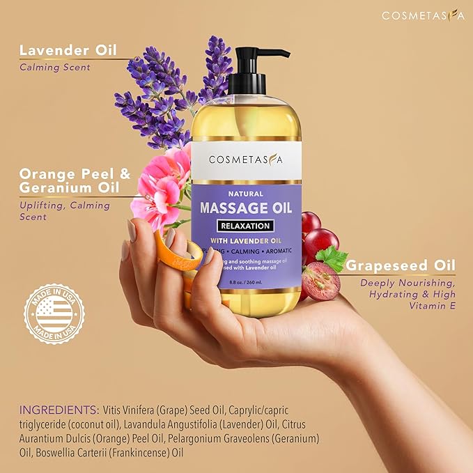 Cosmetasa Body Massage Oil for Massage Therapy Kit - Arnica Sore Muscle Massage Oil, Cellulite Massage Oil, Lavender Massage Oil, Skin Massage Roller Ball, Massager Mitt - Relaxing Luxury Spa Gift Set