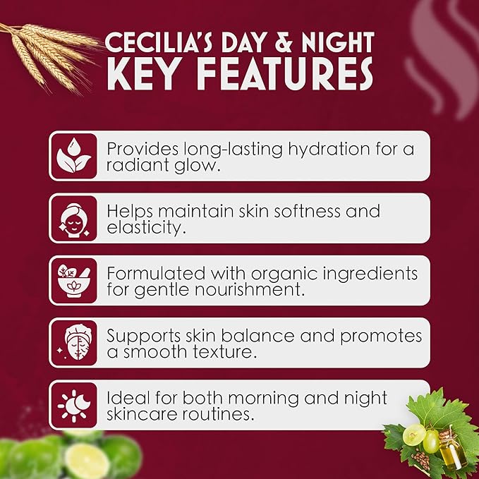 Cecilia’s Day & Night Moisturizer for Face, Hydrating Face Cream for Soft, Radiant Glow | Lightweight, Nourishing Facial Moisturizer for Women, Daily Face Lotion & Night Cream, 50ml