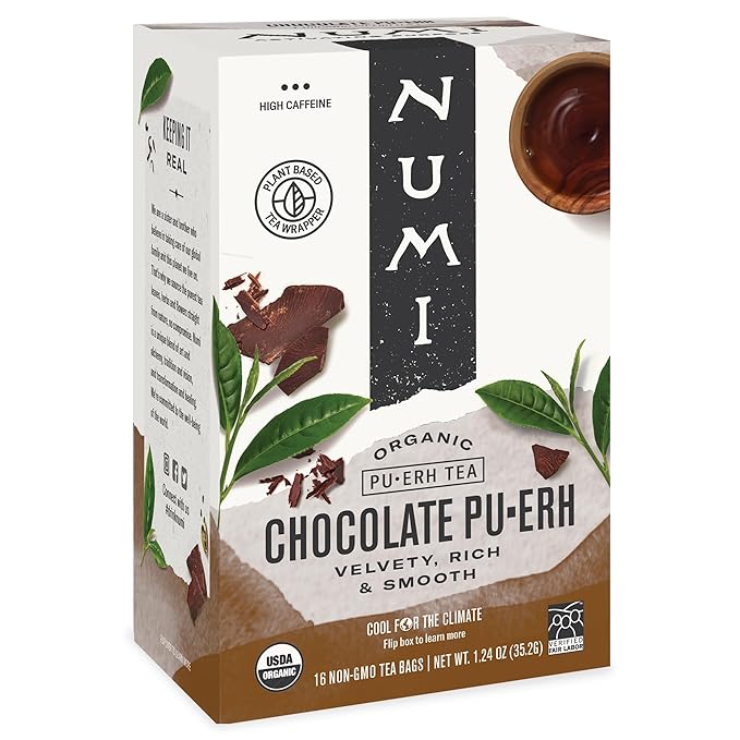 Numi Organic Chocolate Pu-erh Tea, 16 Tea Bags, Aged Yunnan Pu-erh Black Tea with Cocoa & Orange Peel (Packaging May Vary)