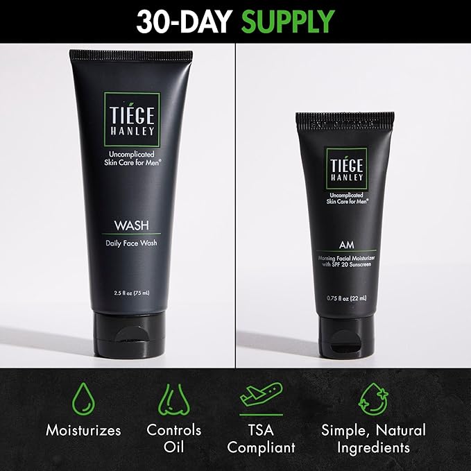 Tiege Hanley Men’s Basic Skin Care Set – Hydrating Face Wash & Daily Moisturizer with SPF 20 – Basic Facial Kit for Men – Sensitive Skin Safe, Lightweight & Non-Greasy - Easy and simple skincare