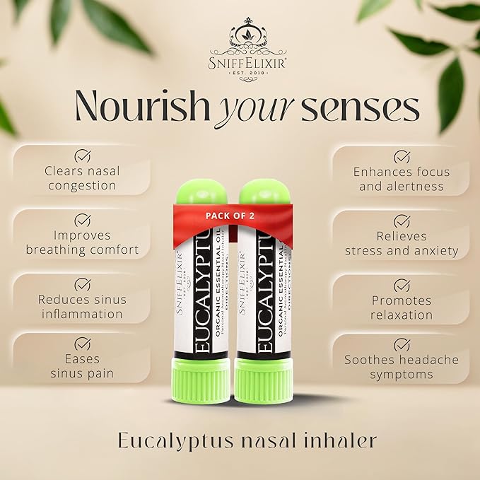 Eucalyptus Inhaler for Adults - 2 Pack Eucalyptus Nasal Inhaler with Essential Oils, Natural Aromatherapy Nasal Stick Inhaler for Breathing, Portable Nasal Inhalers for Aromatherapy Stick