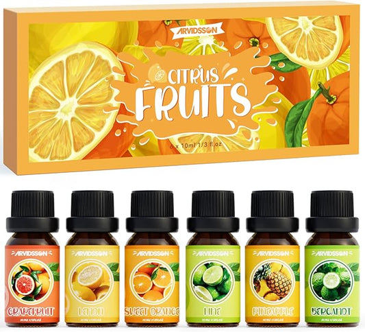 Citrus Essential Oils Set, ARVIDSSON Fresh Fruit Essential Oil for Diffuser, Premium Fragrance Oils, Grapefruit, Bergamot, Sweet Orange, Lemon, Lime, Pineapple, Citrus Scented Oils Gift Set