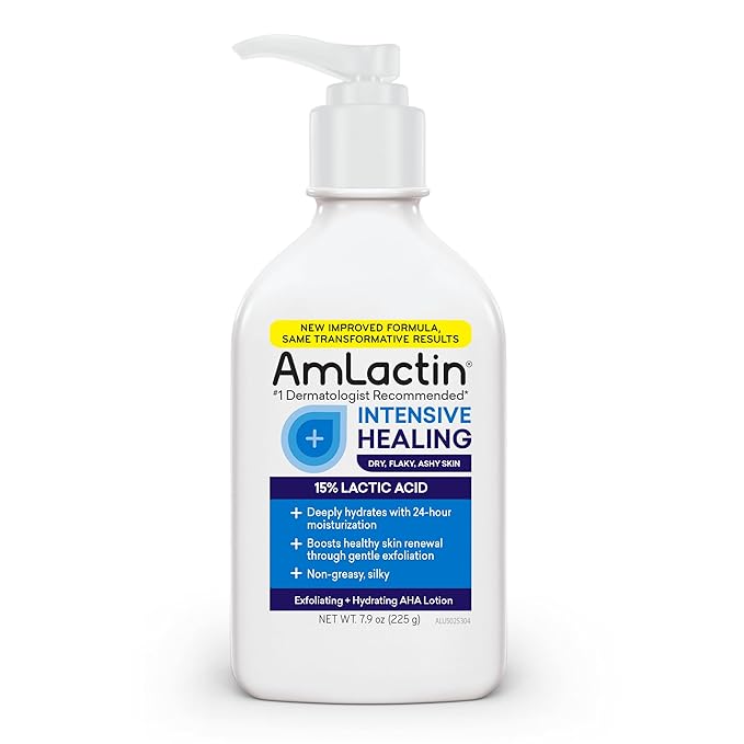 AmLactin Intensive Healing Body Lotion for Dry Skin, 7.9 oz Pump Bottle, 2-in-1 Exfoliator and Moisturizer with Ceramides and 15% Lactic Acid for 24-Hour Relief from Dry Skin (Packaging May Vary)