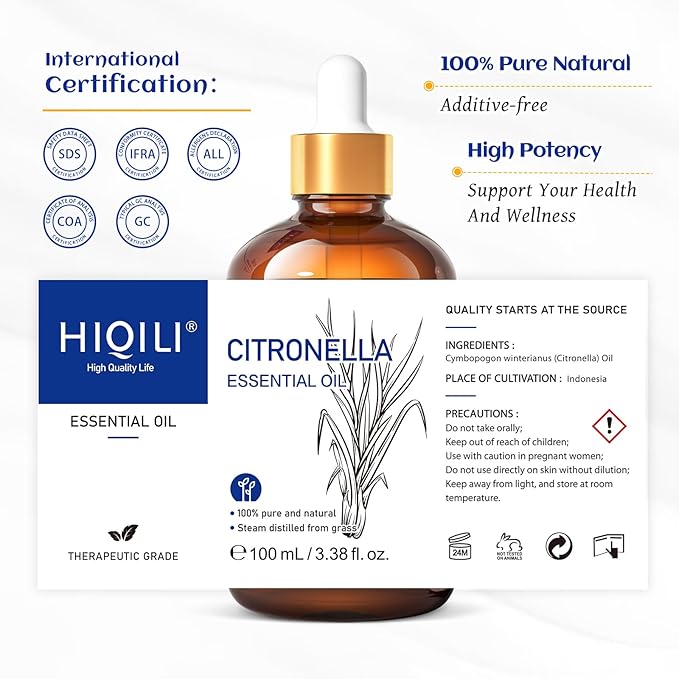 HIQILI 100ML Citronella Oil for Homemade Sprays, Add to Diffuser, 100% Pure and Natural Undiluted 3.38 Fl Oz