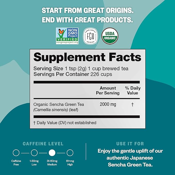 FGO Organic Sencha Green Tea, 16 Ounce Loose Leaf Bulk Resealable Bag, Sourced From Japan, Packaging May Vary (Pack of 1)