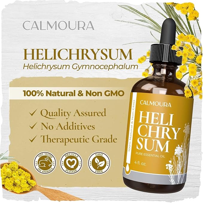 Helichrysum Essential Oil (4 oz | 118 ml) — 100% Natural Non GMO Helichrysum Oil for Skin, Aromatherapy & Better Sleep by Calmoura