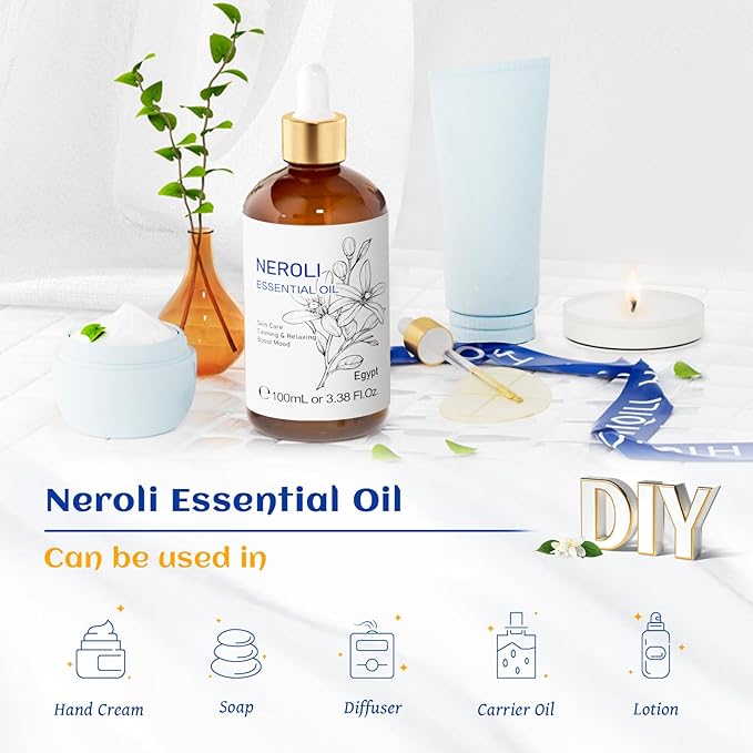 HIQILI Neroli Essential Oil 3.38 Fl Oz, Pure Natural Neroli Oil for Skin, Diffuser, Includes 10ML Travel Bottle - 100ML