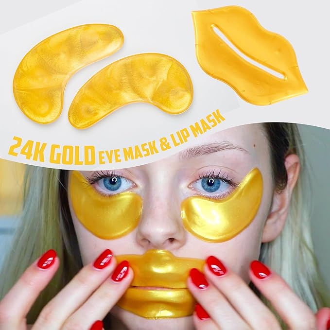 CCbeauty 24 Packs Lip Masks & Eye Mask Bulk,24K Gold Under Eye Patches for Puffy Eyes,Dark Circles,Collagen Eye gel Pads for Eye Bags,Wrinkles | Nourish & Hydrate Dry Chapped Lips Skincare,Golden