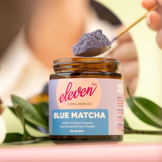 Eleven TLC, Blue Matcha Powder, 100% Organic Butterfly Pea Flower, Antioxidants, Wellness Support, Clitoria Ternatea, Caffeine -Free, GMO-Free, Smoothies, Cocktails, Mocktails, 18 Servings