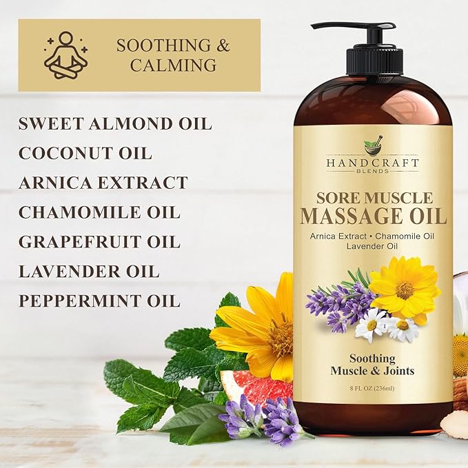 Handcraft Blends Sore Muscle Massage Oil 8 Fl Oz - Moisturizing Body Oil for Massage Therapy - Made with Arnica Extract, Chamomile, Lavender, Peppermint Oils