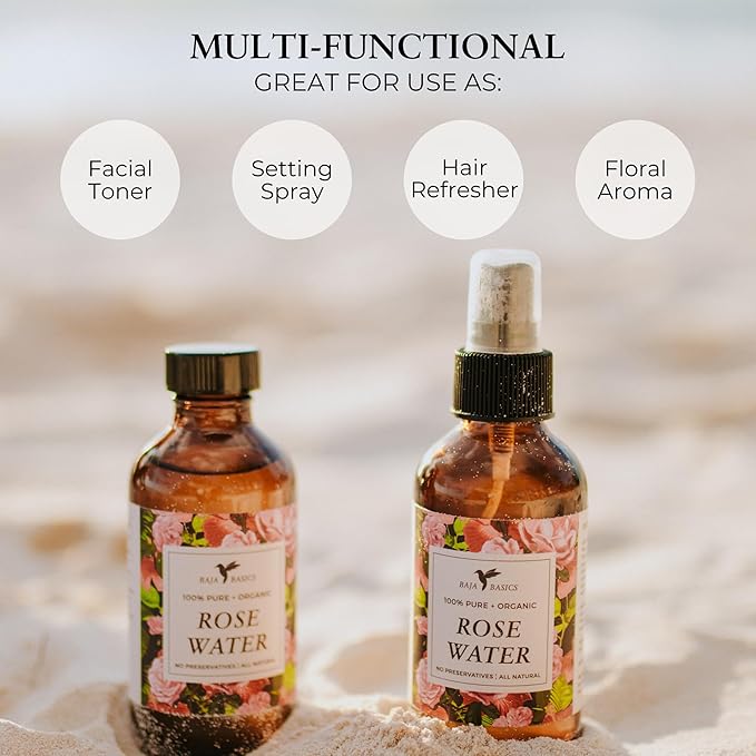 Rose Water Spray Facial Toner by Baja Basics for Skin, Hair and Aromatherapy Large 4oz