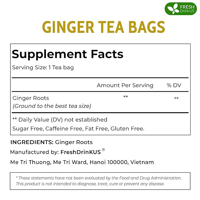 FRESHDRINKUS Premium 120 Ginger Tea Bags, 100% Natural & Pure from Ginger Roots, Ginger Tea, Ginger Herbal Tea. Ginger Tea. No Sugar, No Caffeine, No Gluten, Vegan.