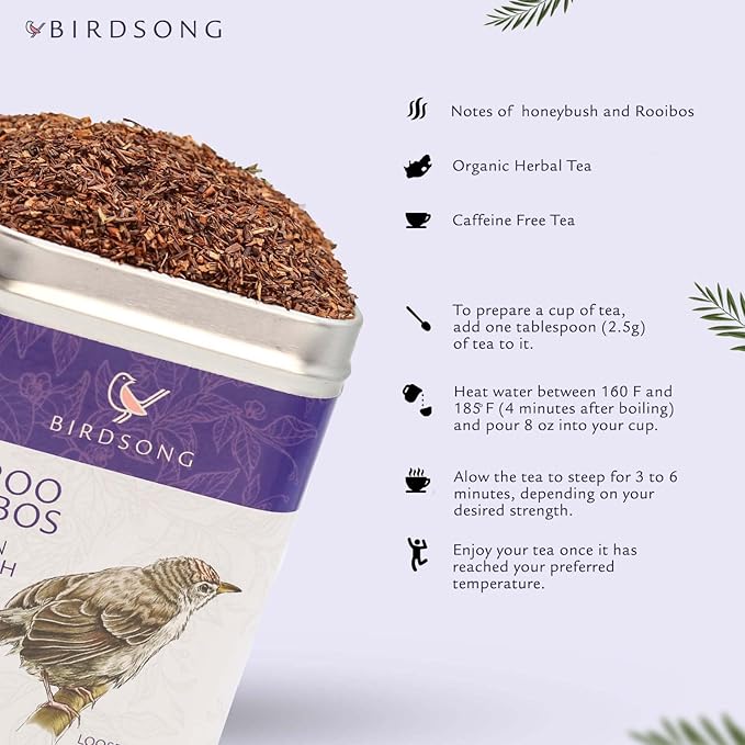 Birdsong Karoo Rooibos: Organic Rooibos Herbal Teas, Light and Refreshing Caffeine Free Tea with 100% Natural Sweet Flavor, South African Honeybush Decaffeinated Loose Leaf