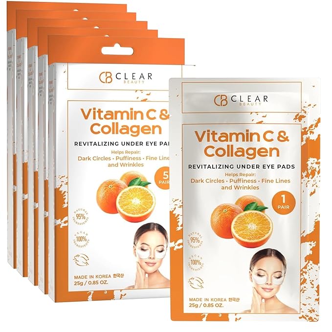 Vitamin C & Collagen Under Eye Patches - Dermatologist Tested, Reduces Dark Circles, Anti-Aging - Clean Beauty, Natural Ingredients, Cruelty-Free Korean Skincare, All Skin Types - 5 Pairs