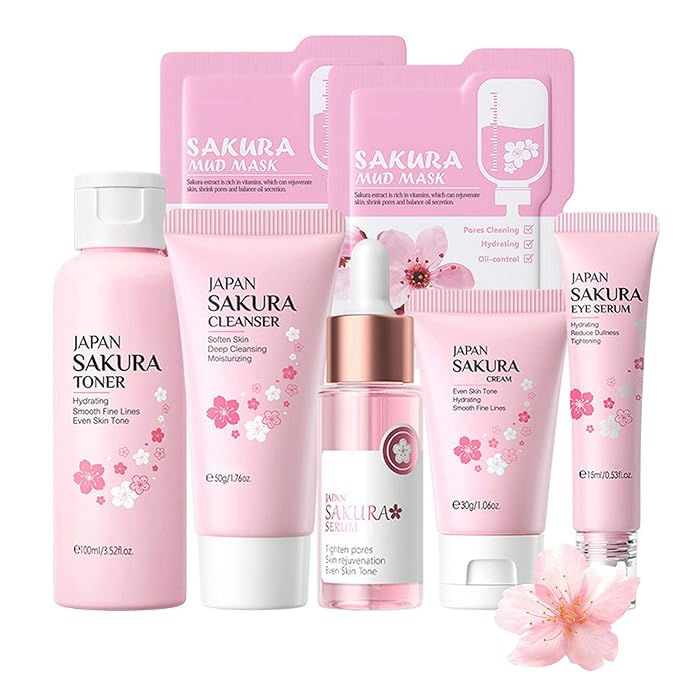 Sakura Skincare Set, Skin Care Routine Kit For Women, 7-In-1 Travel Size Toiletries Facial Kit, Deep Cleaning Skincare Kit, Teen Skin Care Kit Birthday Skincare Gift Set For Women