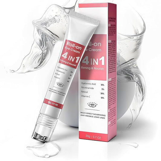 Eye Cream with 30% Retinol, 10% Hyaluronic Acid, 5% Nicotinamide, 10% Vitamin C for Puffy Bags Fine Lines Dark Circles Wrinkles, Under Eye Cream with 360° Roller Massage Ball, 0.7 fl. oz