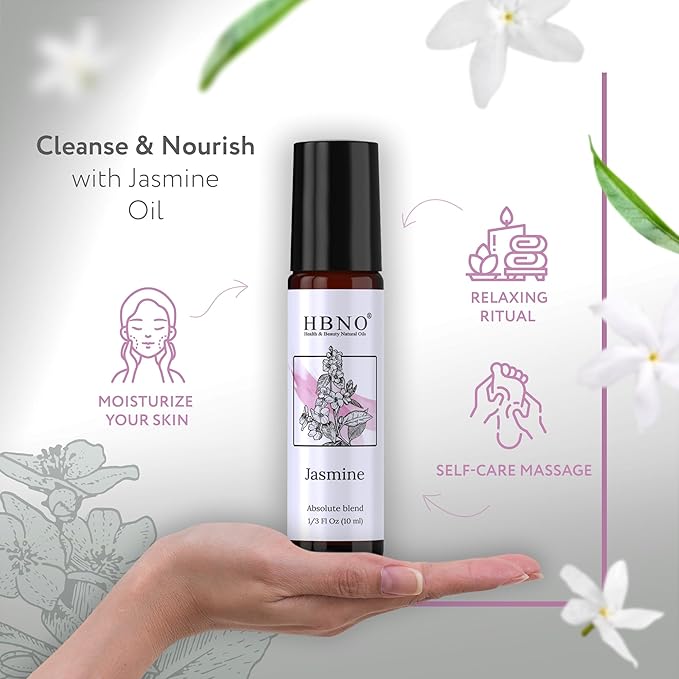 HBNO Jasmine Grandiflorum Oil Roll-On - 1/3 oz (10 ml) Travel Size - Jasmine and Mct - Perfect for Traveling, Aromatherapy, Massage, perfumes, moisturizer