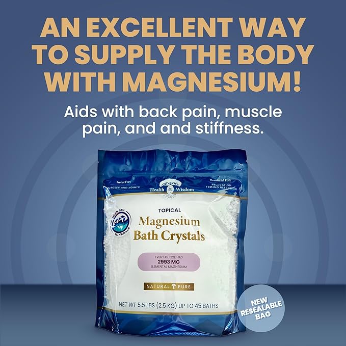 Health and Wisdom Magnesium Bath Salt - Magnesium Chloride Flakes for Bath Soak, 4X Epsom Salt Concentration, Unscented Formula, Dead Sea Sourced, Resealable Bag, Zero Additives - 88 Ounces