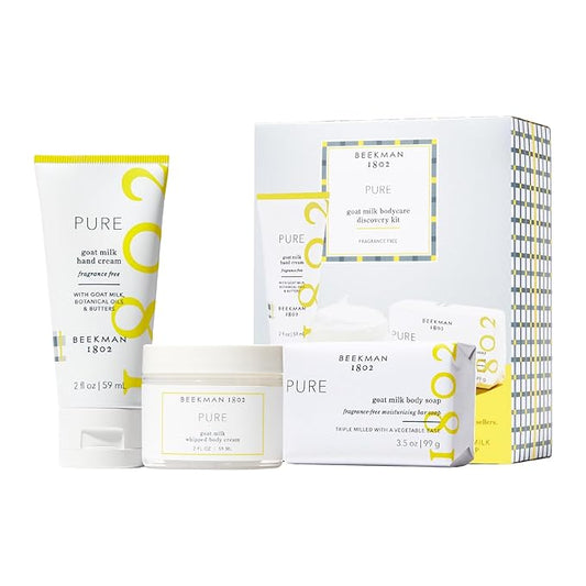 Beekman 1802 Pure Goat Milk Bodycare Minis Discovery Kit - Set of 3 - Unscented - Cleanses, Moisturizes & Hydrates - With Lactic Acid & Shea Butter - Good for Sensitive Skin - Cruelty Free