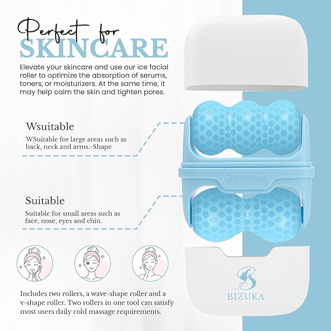 Ice Roller for Face and Eyes Facial Skin Care Tool 2-in-1 Ice Roller for Face & Eyes - Reduces Puffiness, Relieves Migraines, with Travel Case - Ideal Gift for Women (Blue)