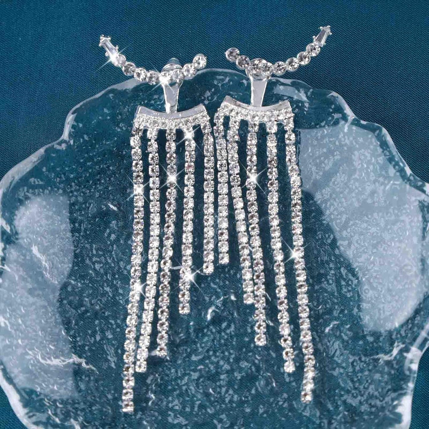 Vintage Rhinestone Chandelier Drop Earrings Crystal Ear Climber Earrings Long Tennis Chain Earrings Silver Cz Tennis Chain Tassel Earrings Jewelry for Women