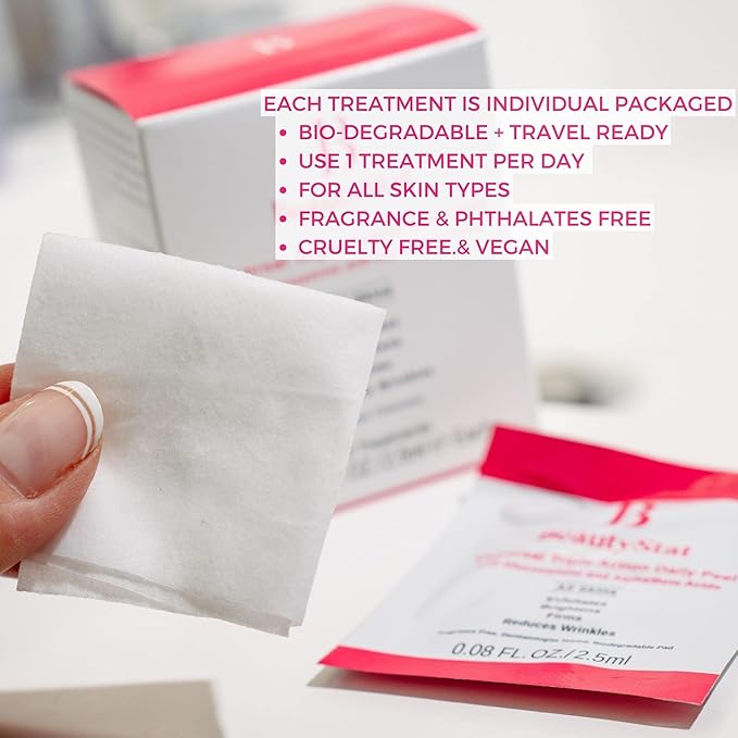 BeautyStat Triple Action One-Step Daily Exfoliating Peel Pad for Uneven Tone, Texture, Fine Lines, Enlarged Pores - Gentle Exfoliator Pad with AHAs, BHAs, Glucosamine to Brighten