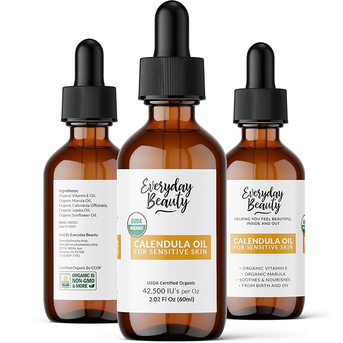 Organic Calendula Oil For Sensitive Skin - USDA Certified 100% Plant Based, Lightweight & Unscented Gentle Soothing Oil For Sensitive Skin - For Face, Skin & All Over - 2.02 Fl Oz Glass & Dropper
