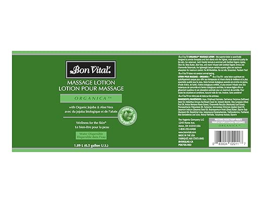 Bon Vital' Organica Massage Lotion with Certified Organic Ingredients for an Earth-Friendly Massage, Natural Moisturizer Lotion for Soothing Back & Neck Massages, 1/2 Gal, Label may Vary