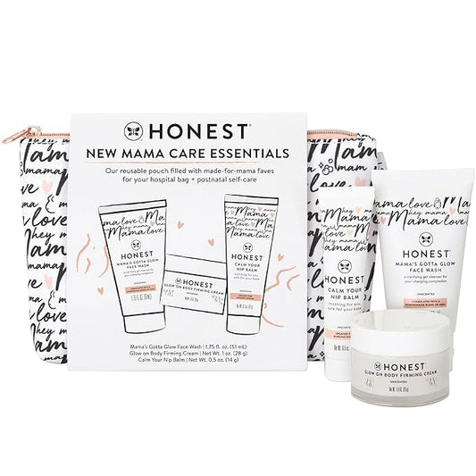The Honest Company New Mama Care Essentials Gift Set | Hospital Bag Must Haves | Travel Size Nip Balm (0.5 oz), Glow On Body Cream (1 oz), Gotta Glow Face Wash (1.75 fl oz), Reusable Pouch