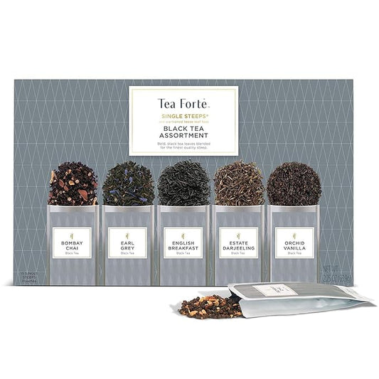Tea Forte Black Tea Assortment Single Steeps Loose Leaf Premium Tea Gift Set Sampler, 15 Count 3 of Each Assorted Blends, Pre-Portioned Single Serve Pouches, Steeps 12 oz