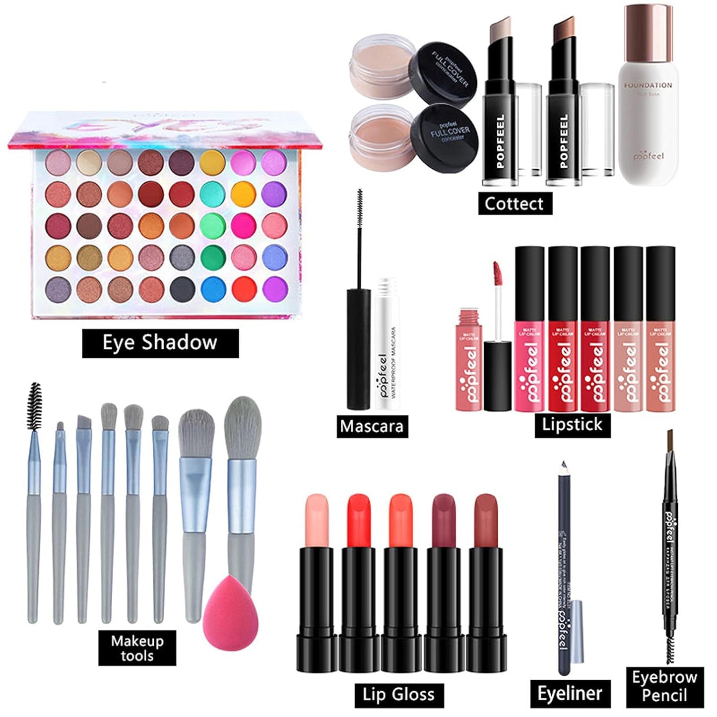 Makeup Kit for Women Full Kit, with Professional Make Up Bag Eyeshadow Red Lipstick, Powder Brush, Concealer, Glitter Lip Gloss, Waterproof Mascara, Eyebrow Pencil, Birthday Gift for Mom Sister