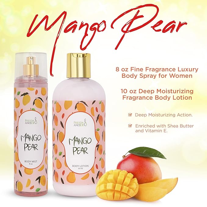 Home Spa Gift 10oz Deep Moisturizing Fragrance Body Lotion & 8 oz. Fine Fragrance Body Mist Set Luxury Self-Care Combo for Women and Girls (Mango Pear) Mother’s Day Gift for Mom
