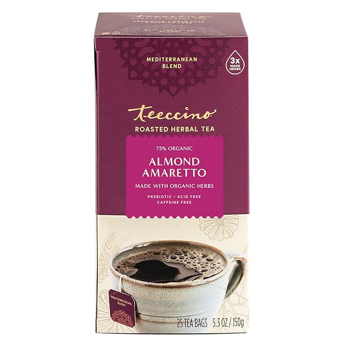 Teeccino Almond Amaretto Herbal Tea - Rich & Roasted Herbal Tea That's Caffeine Free & Prebiotic for Natural Energy, 25 Tea Bags (3 Pack)