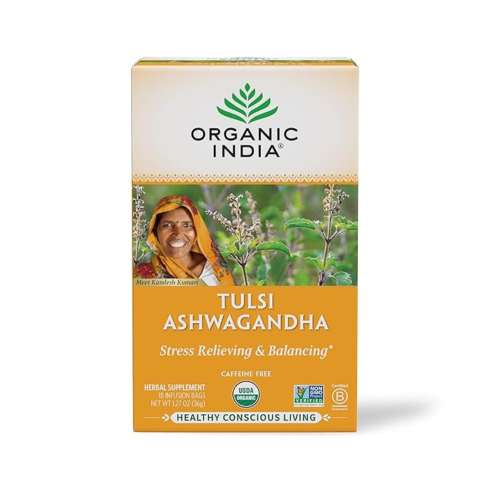ORGANIC INDIA Calming Tulsi Ashwagandha Tea - Organic Tea Bags, Holy Basil Tea, Vegan, USDA Certified Organic, Non-GMO, Caffeine Free Tea - 18 Infusion Bags, 1 Pack